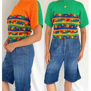 Vintage green orange bright colorblock hand knit double sided reversible sweater